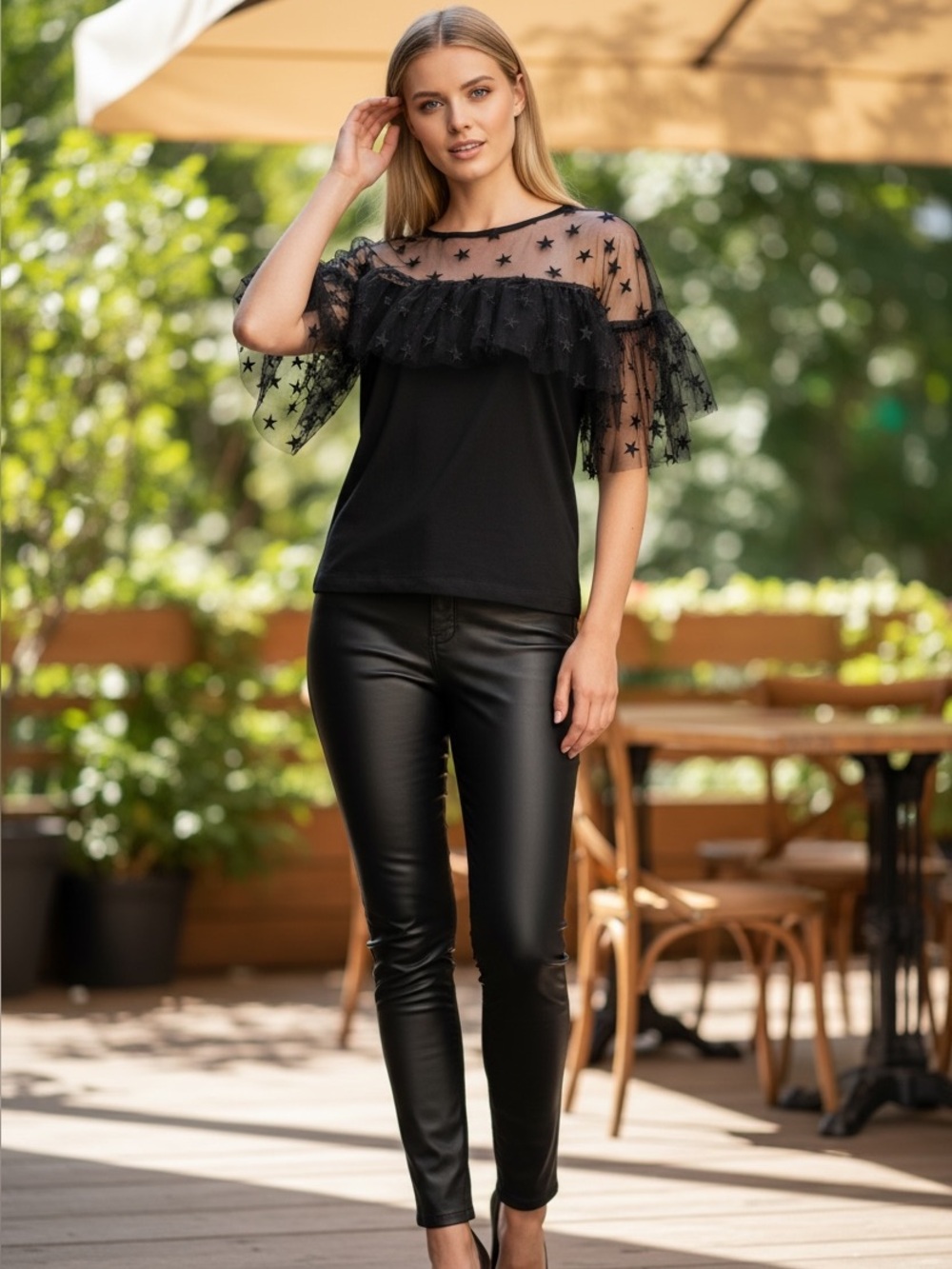 J. crew Sheer  Star Ruffle Top - Black